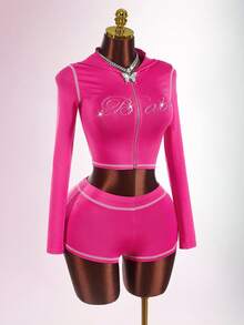 Bumpella 2pcs Women Rhinestone Letter Zip-Up Hoodie Crop Top And Mini Shorts Set Y2k Two Piece Set Pink Two Piece Set - Pink - View 4