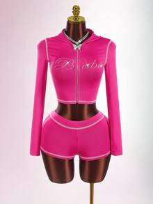 Bumpella 2pcs Women Rhinestone Letter Zip-Up Hoodie Crop Top And Mini Shorts Set Y2k Two Piece Set Pink Two Piece Set - Pink - View 5