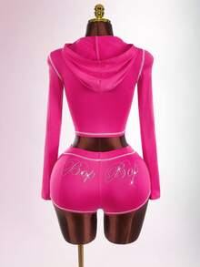 Bumpella 2pcs Women Rhinestone Letter Zip-Up Hoodie Crop Top And Mini Shorts Set Y2k Two Piece Set Pink Two Piece Set - Pink - View 3