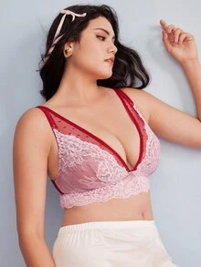Elorette Sujetador de talla grande con aros, push-up, copa completa, encaje y malla patchwork, estilo romántico francés, color rosa - Rosa - Ver 2