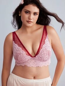 Elorette Sujetador de talla grande con aros, push-up, copa completa, encaje y malla patchwork, estilo romántico francés, color rosa - Rosa - Ver 6