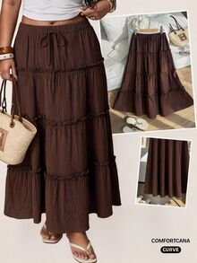 Comfortcana Plus Drawstring Waist Frill Trim Skirt - Brown - View 1