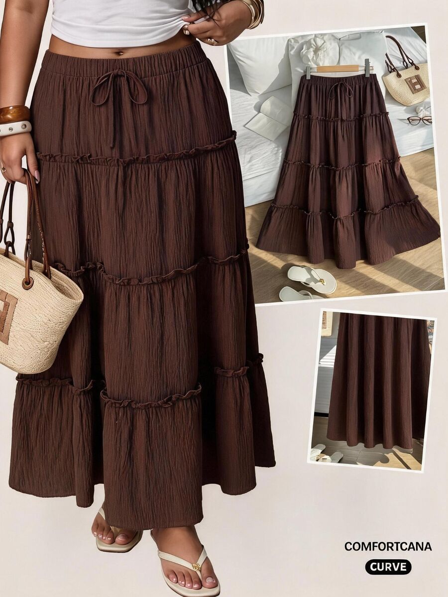 Comfortcana Plus Drawstring Waist Frill Trim Skirt - Brown - View 1