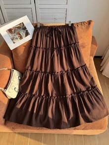 Comfortcana Plus Drawstring Waist Frill Trim Skirt - Brown - View 6