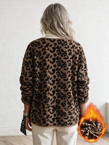 Louniche Women's Autumn/Winter Casual Solid Color Patchwork Lambswool Round Neck Loose Fit Thick Regular Jacket Suitable For Home And Walking - Brown - View 2