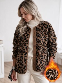 Louniche Women's Autumn/Winter Casual Solid Color Patchwork Lambswool Round Neck Loose Fit Thick Regular Jacket Suitable For Home And Walking - Brown - View 1