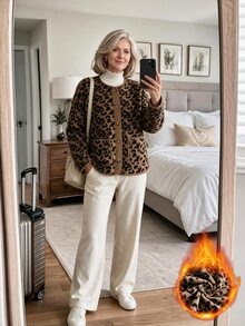 Louniche Women's Autumn/Winter Casual Solid Color Patchwork Lambswool Round Neck Loose Fit Thick Regular Jacket Suitable For Home And Walking - Brown - View 5