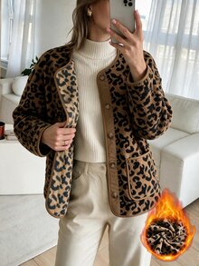 Louniche Women's Autumn/Winter Casual Solid Color Patchwork Lambswool Round Neck Loose Fit Thick Regular Jacket Suitable For Home And Walking - Brown - View 6