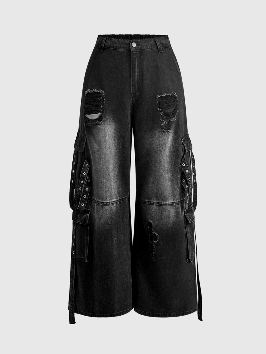 ROMWE Grunge Punk Dark Punk Street Style Pocket Design Versatile Loose Comfortable Plus Size Denim Jeans - Black - View 1