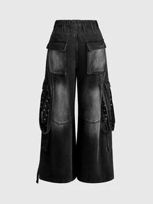 ROMWE Grunge Punk Dark Punk Street Style Pocket Design Versatile Loose Comfortable Plus Size Denim Jeans - Black - View 3