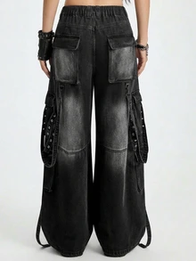 ROMWE Grunge Punk Dark Punk Street Style Pocket Design Versatile Loose Comfortable Plus Size Denim Jeans - Black - View 4