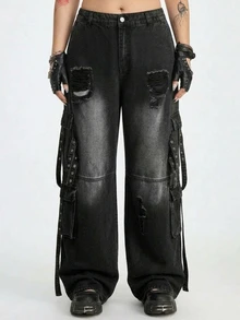 ROMWE Grunge Punk Dark Punk Street Style Pocket Design Versatile Loose Comfortable Plus Size Denim Jeans - Black - View 1