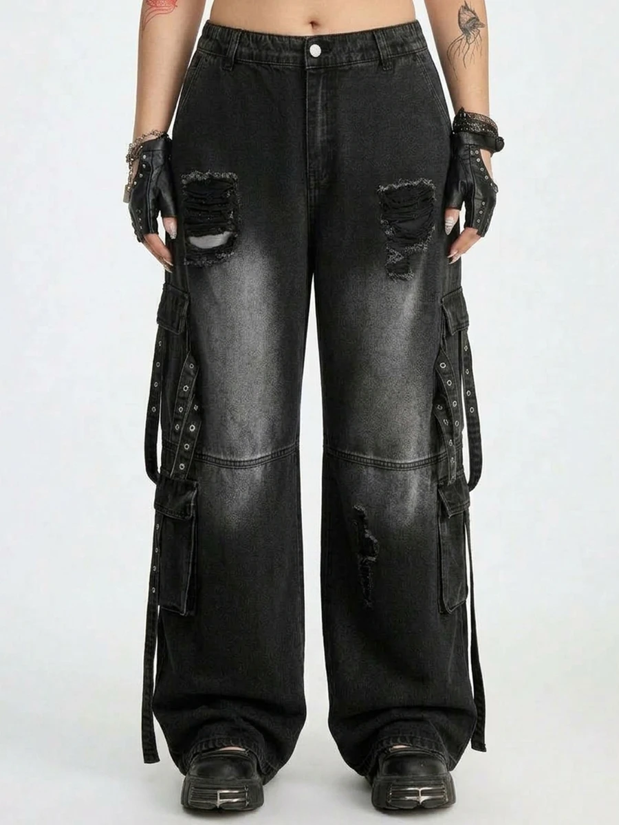 ROMWE Grunge Punk Dark Punk Street Style Pocket Design Versatile Loose Comfortable Plus Size Denim Jeans - Black - View 1