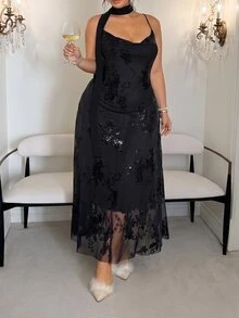 GalTyme Plus Size Sexy Sequin Cowl Neck Spaghetti Strap Evening Dress - Black - View 4