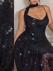 GalTyme Plus Size Sexy Sequin Cowl Neck Spaghetti Strap Evening Dress - Black - View 5