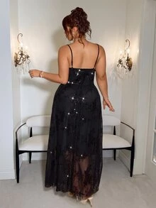 GalTyme Plus Size Sexy Sequin Cowl Neck Spaghetti Strap Evening Dress - Black - View 2