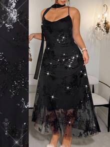 GalTyme Plus Size Sexy Sequin Cowl Neck Spaghetti Strap Evening Dress - Black - View 1