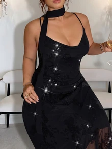GalTyme Plus Size Sexy Sequin Cowl Neck Spaghetti Strap Evening Dress - Black - View 3