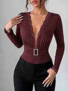SHEIN LUNE Deep V-Neck Lace Patchwork Metal Decor Ruched Slim Fit Long Sleeve Women's Elegant Sexy Commute Going Out Date Night Burgundy Jumpsuit Night Out Fall - Red - View 5