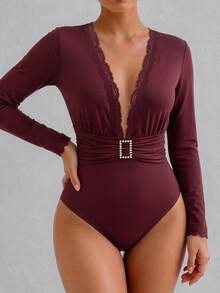 SHEIN LUNE Deep V-Neck Lace Patchwork Metal Decor Ruched Slim Fit Long Sleeve Women's Elegant Sexy Commute Going Out Date Night Burgundy Jumpsuit Night Out Fall - Red - View 1