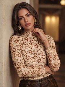 Anewsta Women's Fall/Winter Vintage Elegant Beige Floral Mesh Long Sleeve Slim Fit Sheer Base Layer Top For Party Ceremony - Brown - View 4