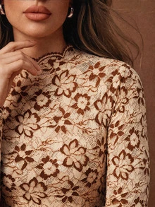 Anewsta Women's Fall/Winter Vintage Elegant Beige Floral Mesh Long Sleeve Slim Fit Sheer Base Layer Top For Party Ceremony - Brown - View 1