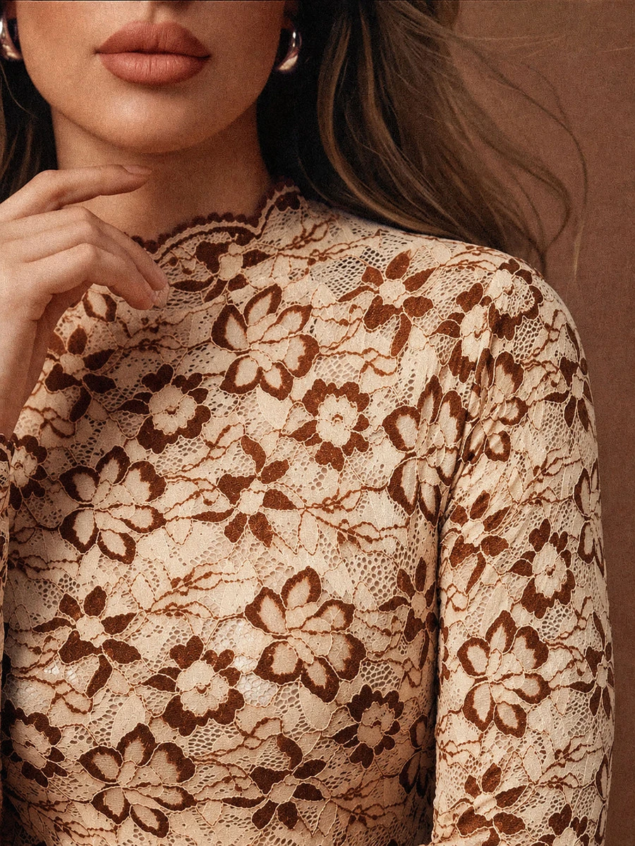 Anewsta Women's Fall/Winter Vintage Elegant Beige Floral Mesh Long Sleeve Slim Fit Sheer Base Layer Top For Party Ceremony - Brown - View 1