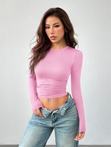 SHEIN PETITE Women's Three Pieces Round Neck Casual Tight-Fitting Solid Color Long-Sleeved T-Shirt Pullover Set Suitable For Spring,Fall/Winter ,Petite Women - Multicolor - View 4