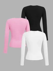SHEIN PETITE Women's Three Pieces Round Neck Casual Tight-Fitting Solid Color Long-Sleeved T-Shirt Pullover Set Suitable For Spring,Fall/Winter ,Petite Women - Multicolor - View 2