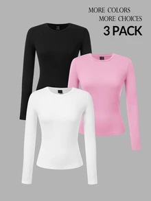 SHEIN PETITE Women's Three Pieces Round Neck Casual Tight-Fitting Solid Color Long-Sleeved T-Shirt Pullover Set Suitable For Spring,Fall/Winter ,Petite Women - Multicolor - View 3