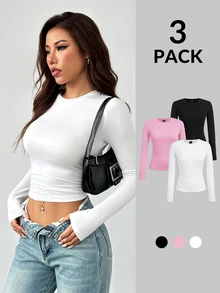 SHEIN PETITE Women's Three Pieces Round Neck Casual Tight-Fitting Solid Color Long-Sleeved T-Shirt Pullover Set Suitable For Spring,Fall/Winter ,Petite Women - Multicolor - View 10