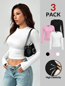 SHEIN PETITE Women's Three Pieces Round Neck Casual Tight-Fitting Solid Color Long-Sleeved T-Shirt Pullover Set Suitable For Spring,Fall/Winter ,Petite Women - Multicolor - View 1