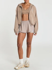 11SKNDS Cropped Hooded Zip-Up Windbreaker Jacket With Balloon Sleeves Gym White Autumn Casual Graphic - Mocha Brown - View 5