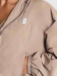 11SKNDS Cropped Hooded Zip-Up Windbreaker Jacket With Balloon Sleeves Gym White Autumn Casual Graphic - Mocha Brown - View 6
