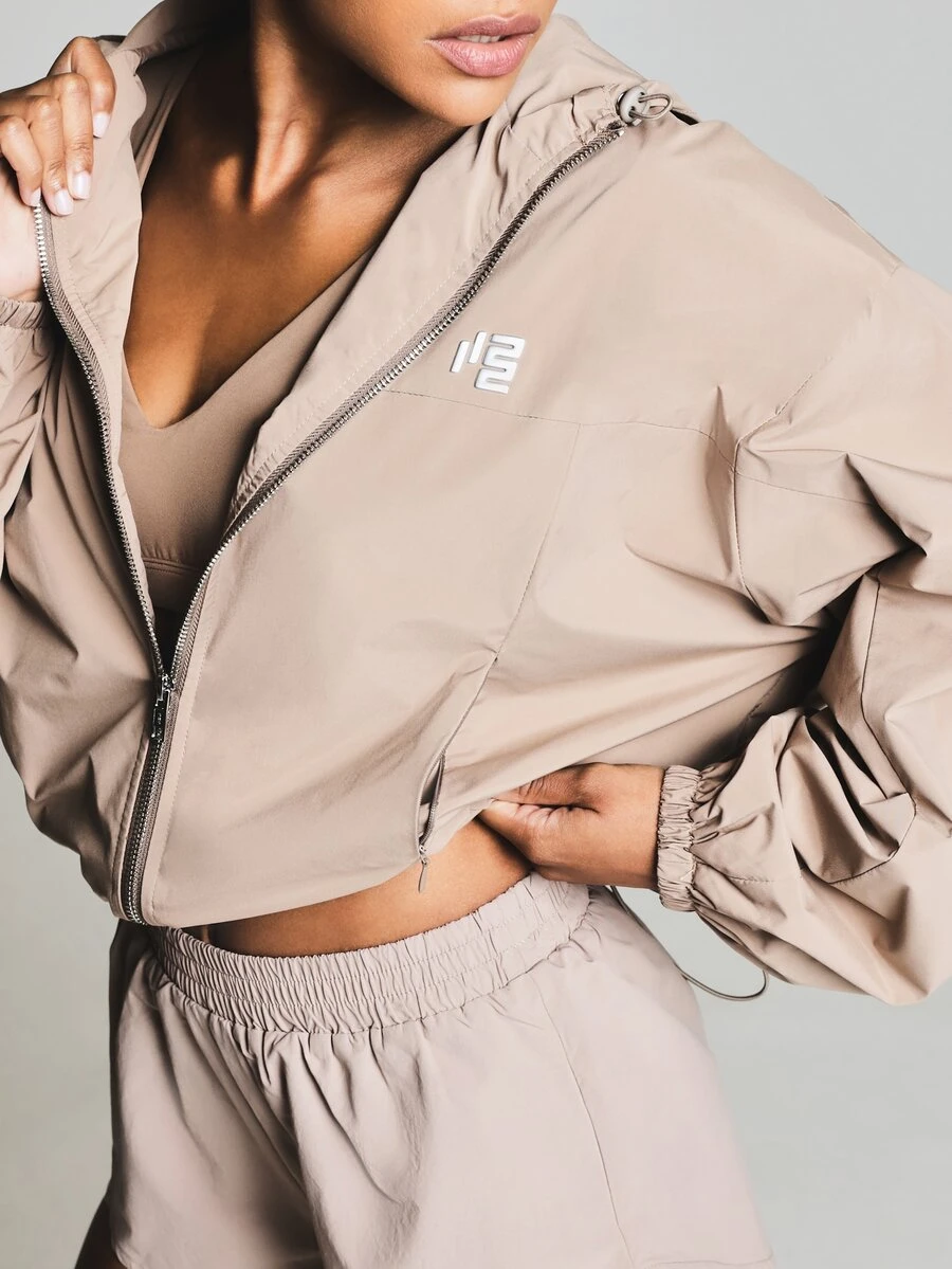 11SKNDS Cropped Hooded Zip-Up Windbreaker Jacket With Balloon Sleeves Gym White Autumn Casual Graphic - Mocha Brown - View 1