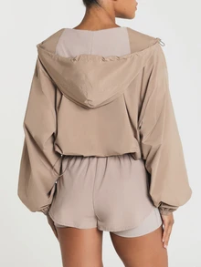 11SKNDS Cropped Hooded Zip-Up Windbreaker Jacket With Balloon Sleeves Gym White Autumn Casual Graphic - Mocha Brown - View 3