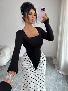 SHEIN Elenzya 新款女款方領長袖百褶下擺印花撞色設計針織面料聚會晚宴修身收腰長洋裝 - 黑與白 - 查看 4