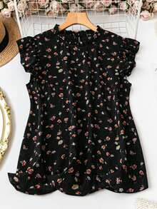 SHEIN Women's Sweet Elegant Ruffle Collar Short Cap Sleeve Ditsy Floral Loose Blouse, Suitable For Vacation And Daily - Black - View 3