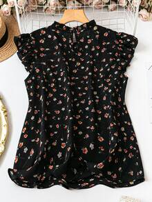 SHEIN Women's Sweet Elegant Ruffle Collar Short Cap Sleeve Ditsy Floral Loose Blouse, Suitable For Vacation And Daily - Black - View 2