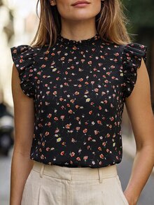 SHEIN Women's Sweet Elegant Ruffle Collar Short Cap Sleeve Ditsy Floral Loose Blouse, Suitable For Vacation And Daily - Black - View 1