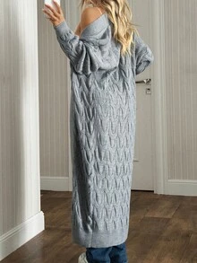 SHEIN كارديجان كاجوال طويل للنساء بأكمام متساقطة وبياقة مرتخية وبتصميم محبوك بالكابل بلون أحادي - رمادي - مشاهدة 4