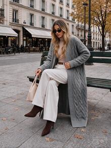 SHEIN كارديجان كاجوال طويل للنساء بأكمام متساقطة وبياقة مرتخية وبتصميم محبوك بالكابل بلون أحادي - رمادي - مشاهدة 2