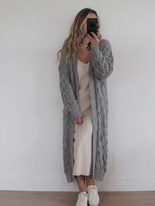 SHEIN كارديجان كاجوال طويل للنساء بأكمام متساقطة وبياقة مرتخية وبتصميم محبوك بالكابل بلون أحادي - رمادي - مشاهدة 7