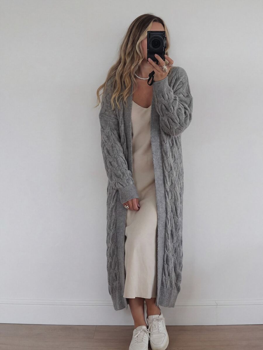 CLARA VERO Women's Casual Minimalist Solid Color Drop Shoulder Loose Cable Knit Extra Long Cardigan Everyday Home Grey Autumn Lounge