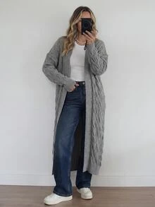 SHEIN كارديجان كاجوال طويل للنساء بأكمام متساقطة وبياقة مرتخية وبتصميم محبوك بالكابل بلون أحادي - رمادي - مشاهدة 3