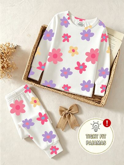 (Blind Box Series 7 Sets Randomly Sent 1 Set) Baby Girl 2-Piece Knit Round Neck Long Sleeve Leggings Set, White Purple Pink Cartoon Star Heart Colorful Flower Cat Print Pattern, Simple Casual Comfortable Soft Loungewear, All Seasons
