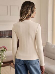 Louniche Women's Autumn/Winter Casual Solid Color Long Sleeve T-Shirt With Shoulder Button Decor, Versatile For Home, Outings And Commuting - Apricot - View 2