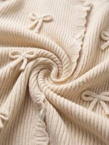 SHEIN Tall Size Women Beige Solid Color Ribbon Trim Bow Detailed Button Front Cardigan, Cute Casual Daily - Beige - View 6