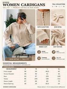 SHEIN Tall Size Women Beige Solid Color Ribbon Trim Bow Detailed Button Front Cardigan, Cute Casual Daily - Beige - View 4