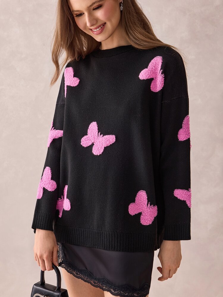 Pariaura Women's Black Knit Sweater With Pink Butterfly Design Long Sleeve Crew Neck Pullover - Black - View 6